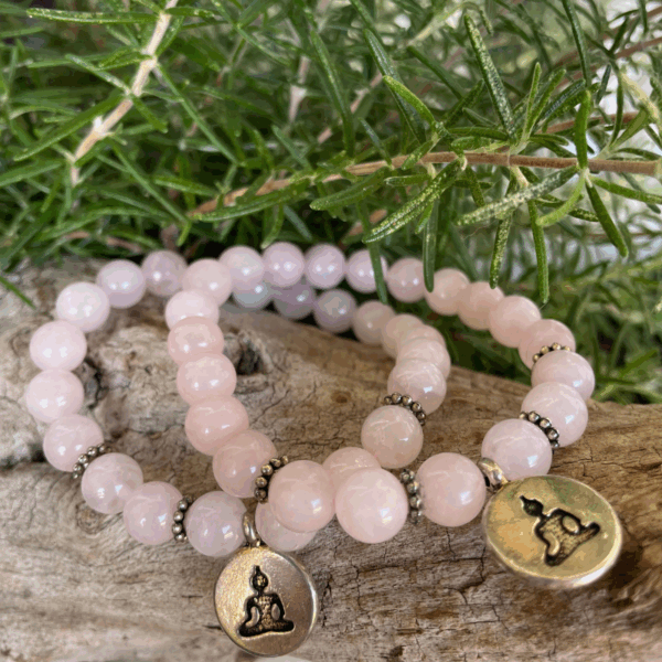 Mala Armband Rosenquarz 21 Perlen Ø 6-7 mm mit Buddha – Herzchakra Schmuck,Avalon NatureArt Seelenkunst und Esoterik Shop